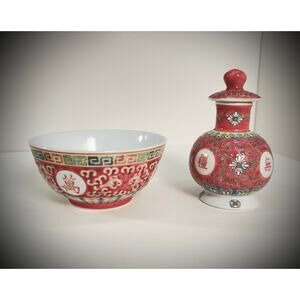VTG Famille Rose porcelain Rice Bowl & soy sauce dispenser from Jingdezhen China